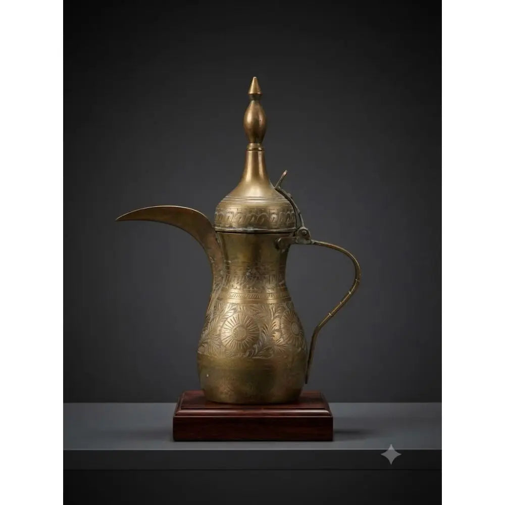 Traditional Hand-Tooled Brass Ritual Pitcher, handcrafted vessel features intricate floral engravings